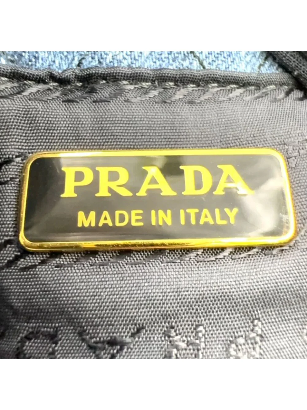 Prada Embroidery Drawstring Leather Denim Blue Pouch